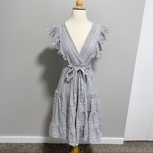 Storia Striped V Neck Tie Waist Tiered Midi Dress M